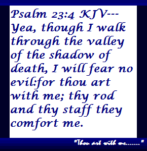 Psalm 23:4 KJV---Yea, though I walk through the valley of the shadow of death, I will fear no evil:for thou art with me; thy rod and thy staff they comfort me.